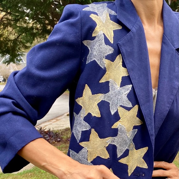 OOAK handpainted stars navy blazer 80s jacket M - Picture 3 of 5